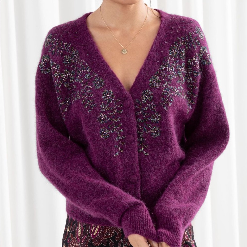 & other stories NWOT purple beaded cardigan XS S